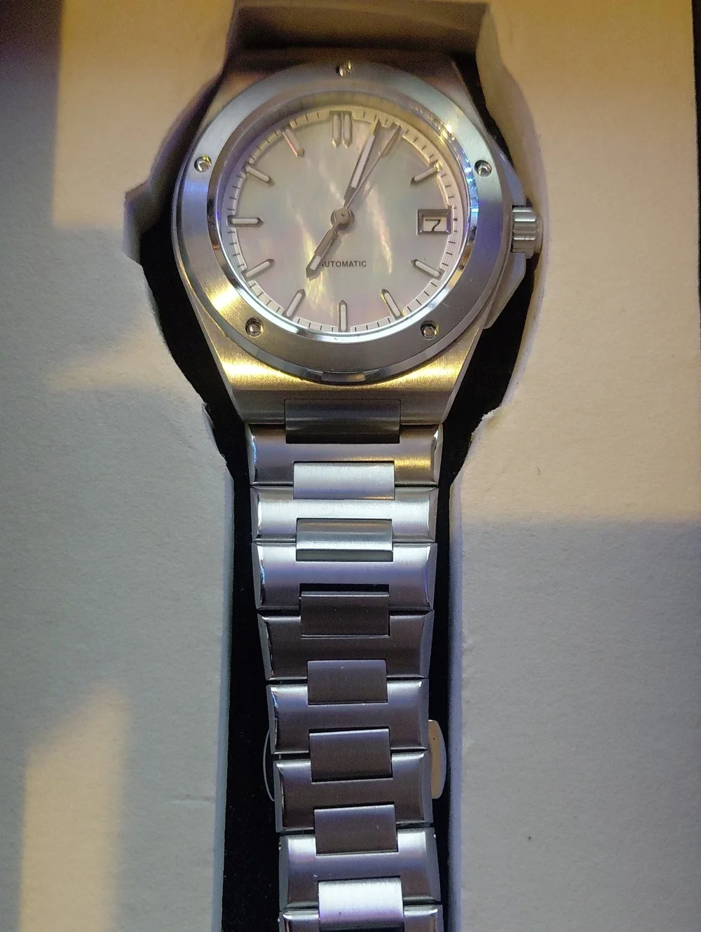 Stainless Steel Automatic Watch with Mother-of-Pearl Dial